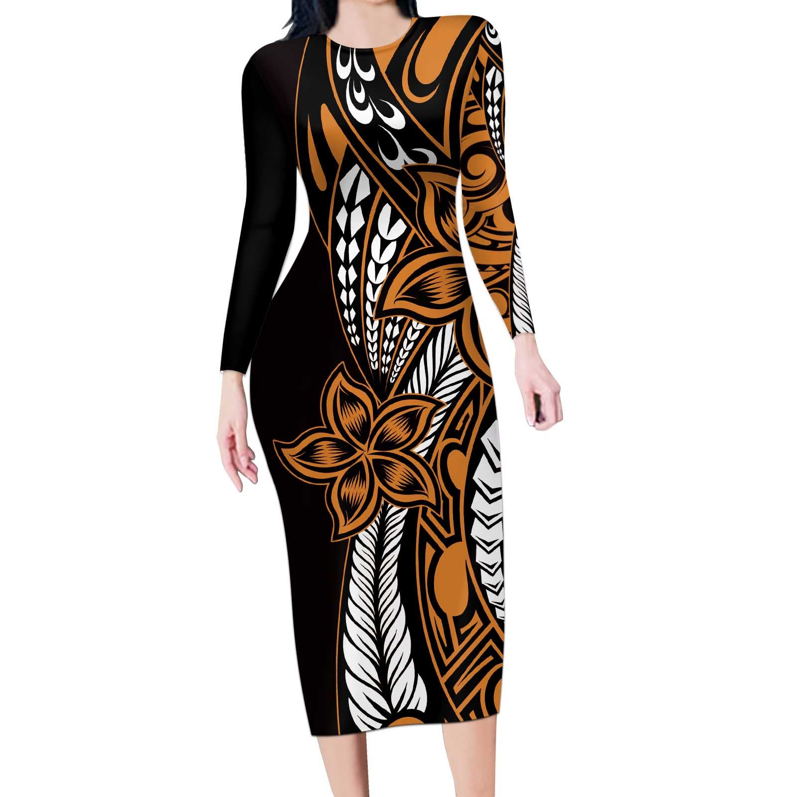 Polynesian Plumeria Floral Tattoo Pattern Long Sleeve Bodycon Dress Gold Style