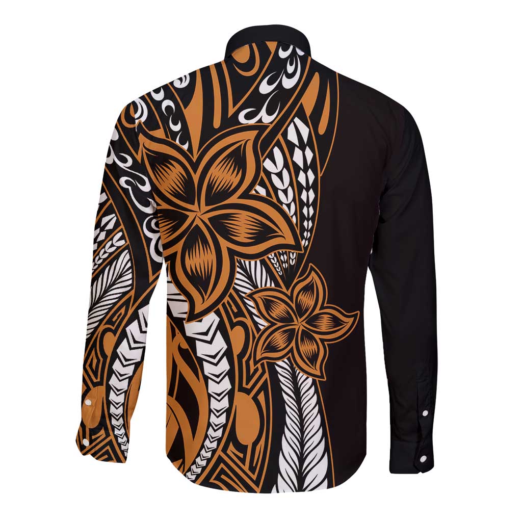 Polynesian Plumeria Floral Tattoo Pattern Long Sleeve Button Shirt Gold Style