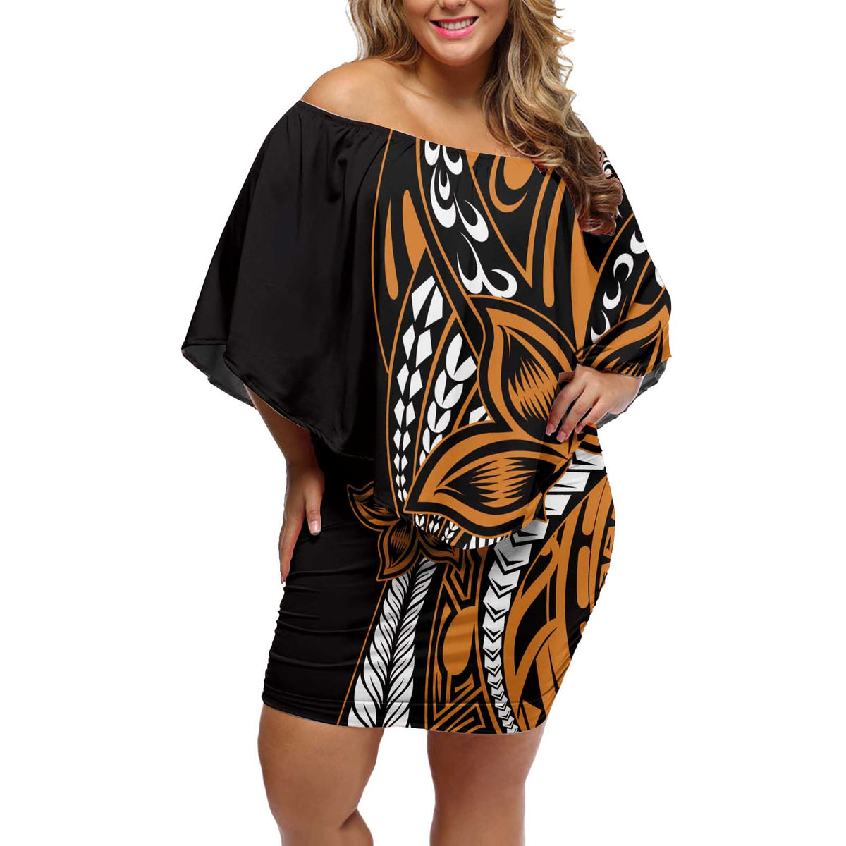 Polynesian Plumeria Floral Tattoo Pattern Off Shoulder Short Dress Gold Style LT9 Women Gold - Polynesian Pride