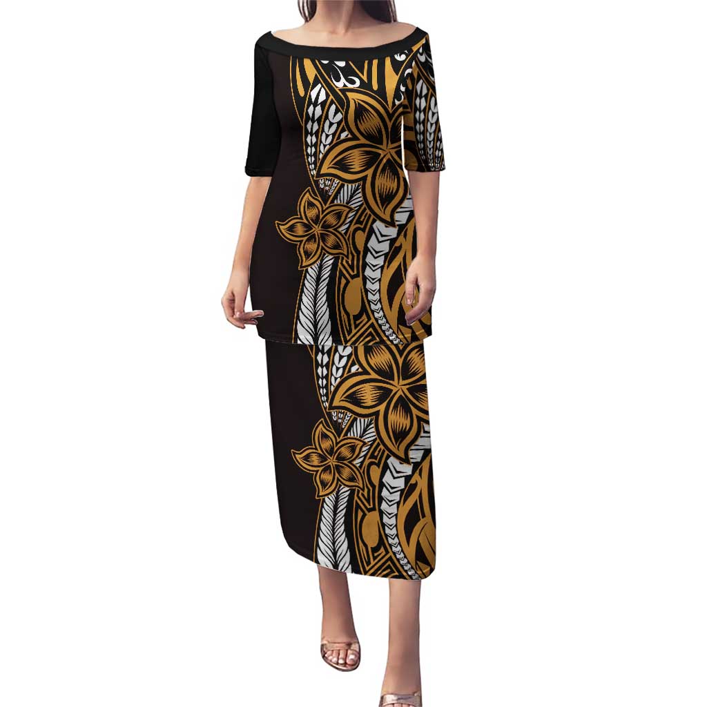 Polynesian Plumeria Floral Tattoo Pattern Puletasi Gold Style LT9 Long Dress Gold - Polynesian Pride