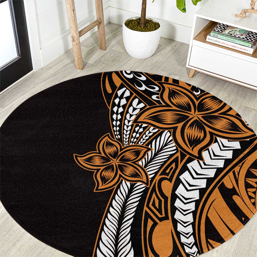 Polynesian Plumeria Floral Tattoo Pattern Round Carpet Gold Style