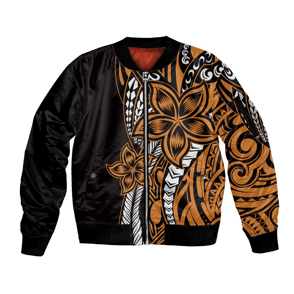 Polynesian Plumeria Floral Tattoo Pattern Sleeve Zip Bomber Jacket Gold Style