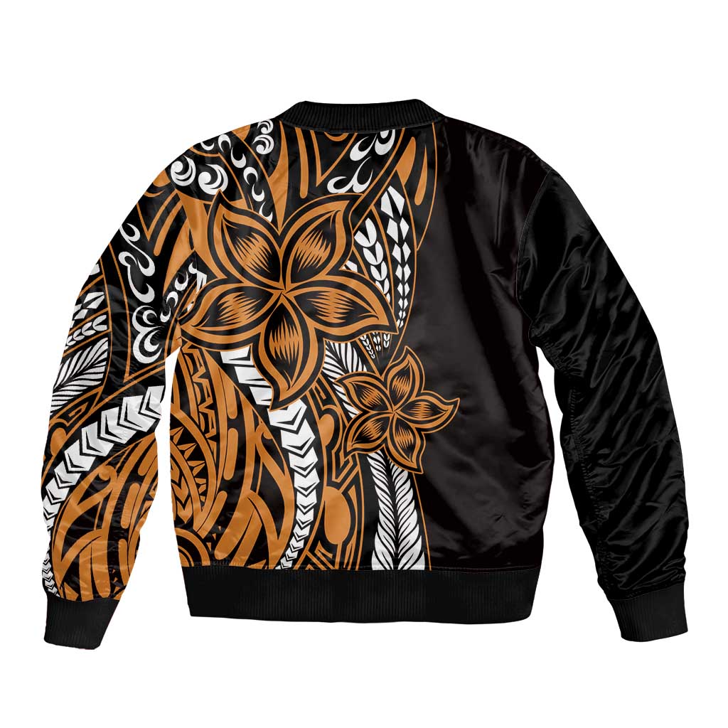 Polynesian Plumeria Floral Tattoo Pattern Sleeve Zip Bomber Jacket Gold Style