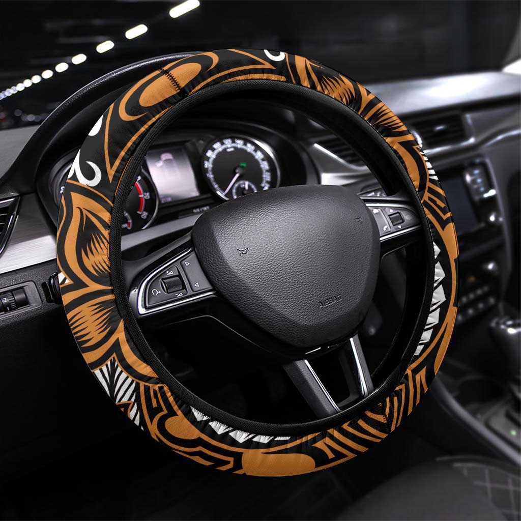 Polynesian Plumeria Floral Tattoo Pattern Steering Wheel Cover Gold Style LT9 Universal Fit Gold - Polynesian Pride