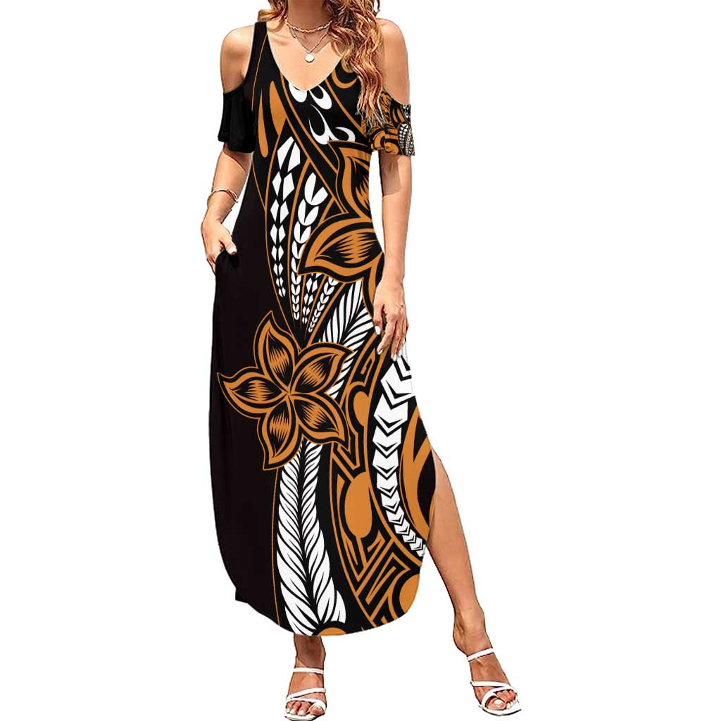 Polynesian Plumeria Floral Tattoo Pattern Summer Maxi Dress Gold Style