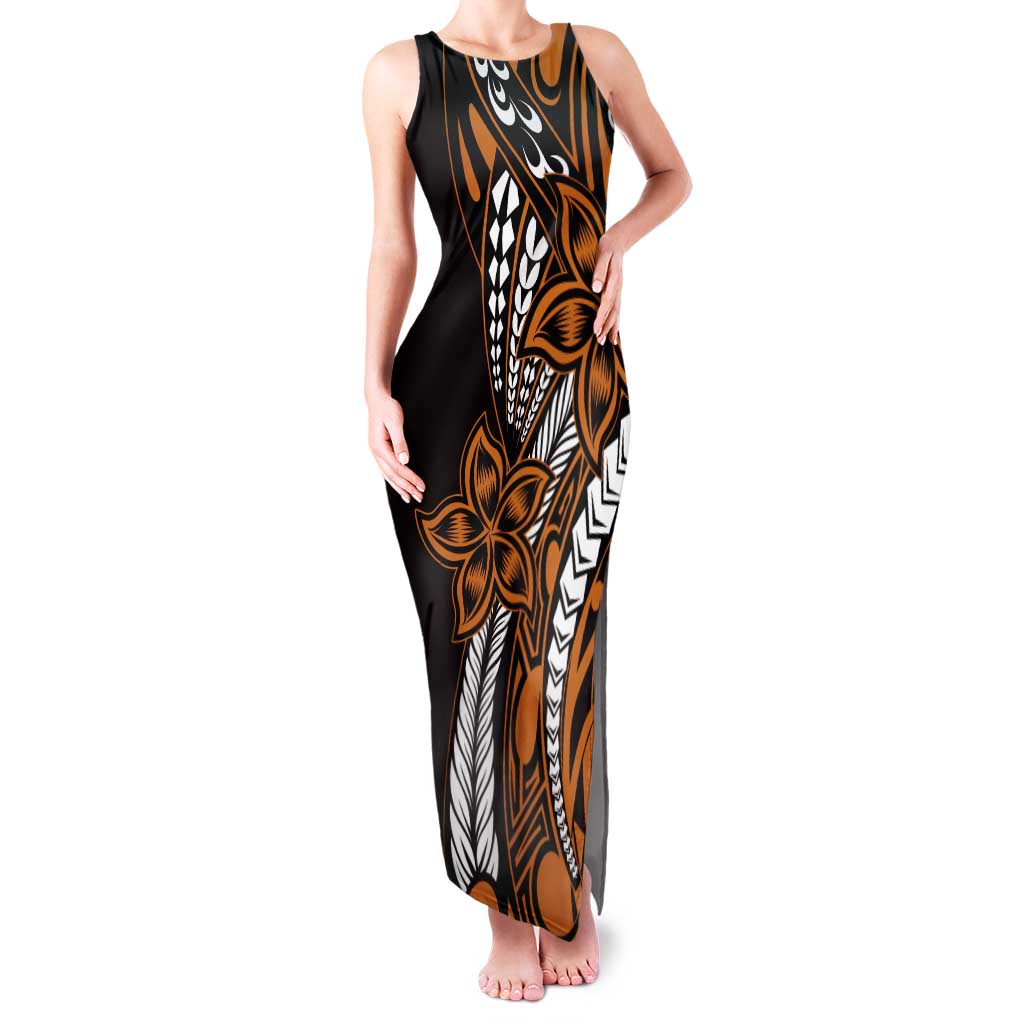 Polynesian Plumeria Floral Tattoo Pattern Tank Maxi Dress Gold Style