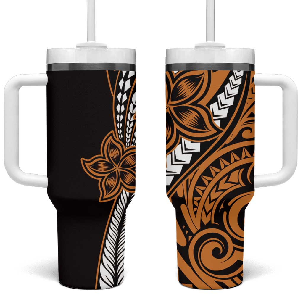 Polynesian Plumeria Floral Tattoo Pattern Tumbler With Handle Gold Style