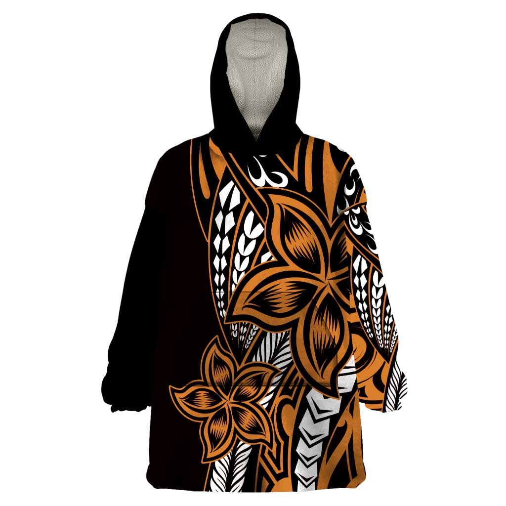 Polynesian Plumeria Floral Tattoo Pattern Wearable Blanket Hoodie Gold Style LT9 One Size Gold - Polynesian Pride