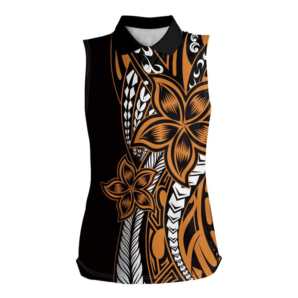 Polynesian Plumeria Floral Tattoo Pattern Women Sleeveless Polo Shirt Gold Style