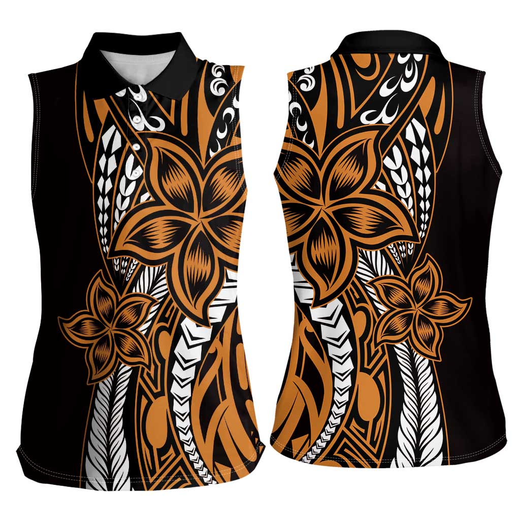 Polynesian Plumeria Floral Tattoo Pattern Women Sleeveless Polo Shirt Gold Style
