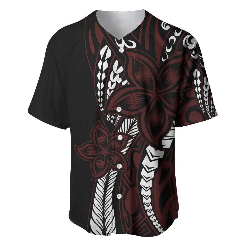 Polynesian Plumeria Floral Tattoo Pattern Baseball Jersey Oxblood Style