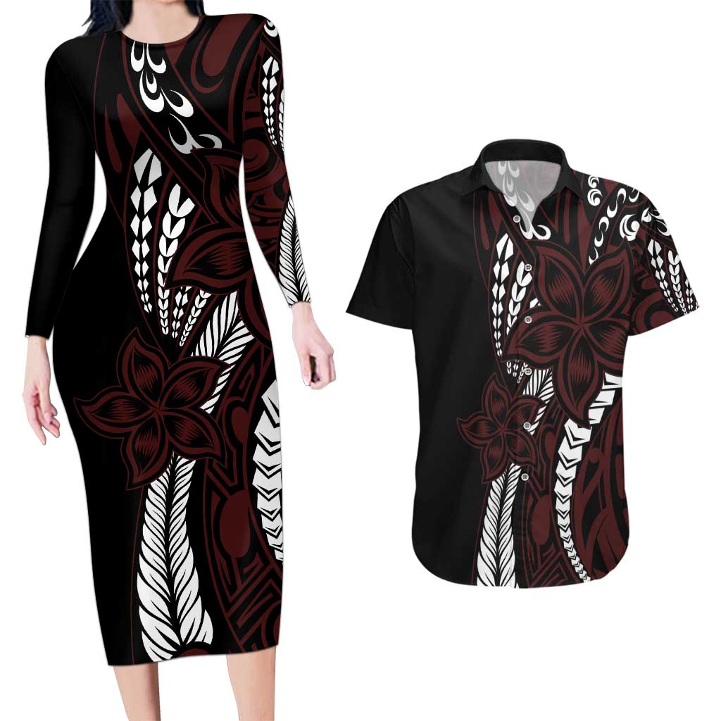 Polynesian Plumeria Floral Tattoo Pattern Couples Matching Long Sleeve Bodycon Dress and Hawaiian Shirt Oxblood Style LT9 Oxblood - Polynesian Pride
