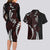 Polynesian Plumeria Floral Tattoo Pattern Couples Matching Long Sleeve Bodycon Dress and Hawaiian Shirt Oxblood Style