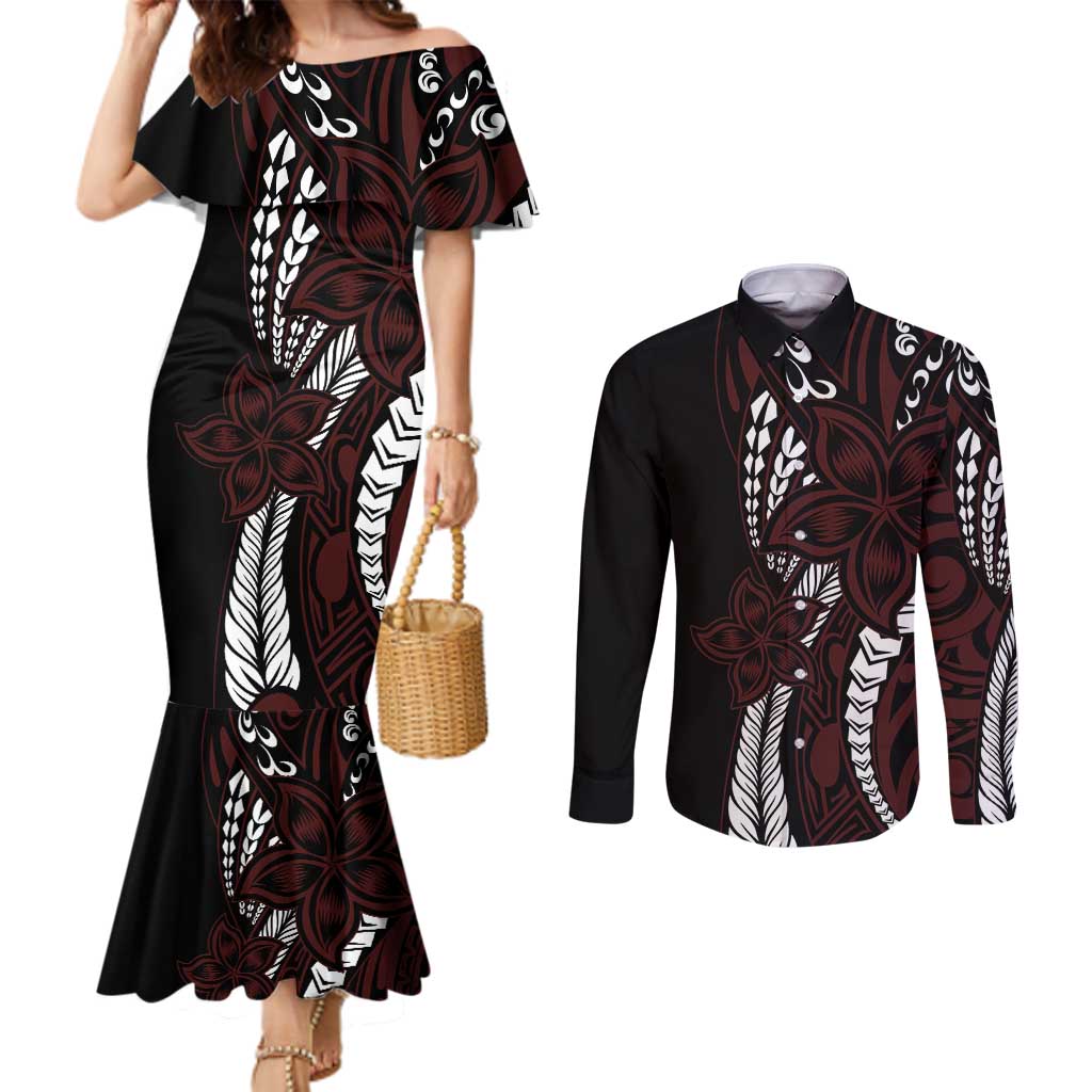 Polynesian Plumeria Floral Tattoo Pattern Couples Matching Mermaid Dress and Long Sleeve Button Shirt Oxblood Style LT9 Oxblood - Polynesian Pride