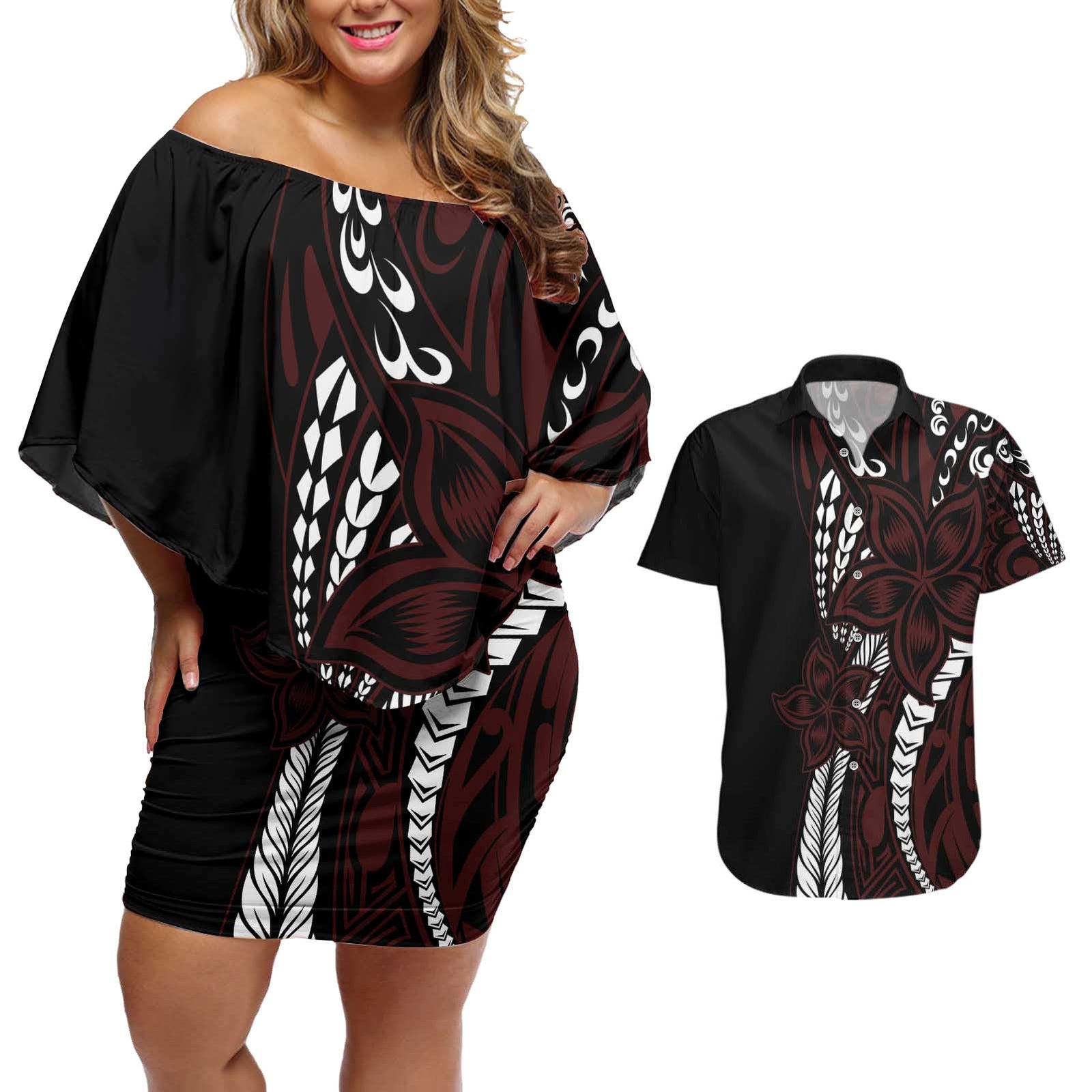 Polynesian Plumeria Floral Tattoo Pattern Couples Matching Off Shoulder Short Dress and Hawaiian Shirt Oxblood Style LT9 Oxblood - Polynesian Pride