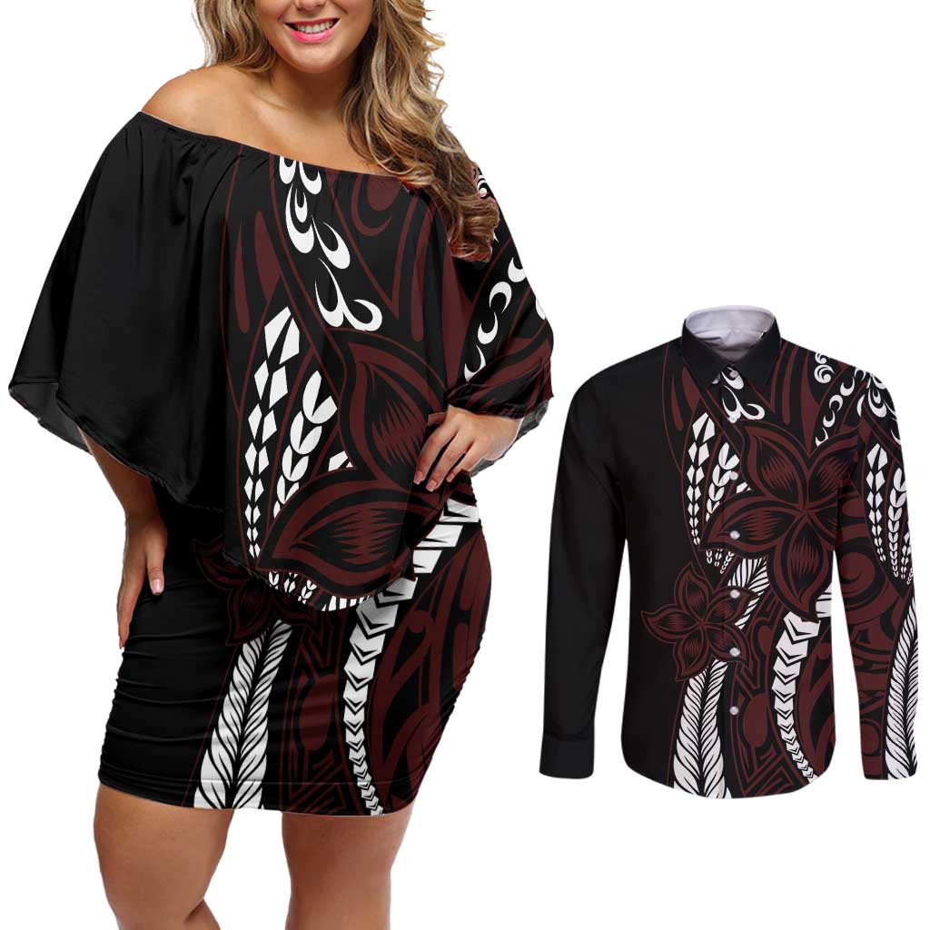 Polynesian Plumeria Floral Tattoo Pattern Couples Matching Off Shoulder Short Dress and Long Sleeve Button Shirt Oxblood Style LT9 Oxblood - Polynesian Pride