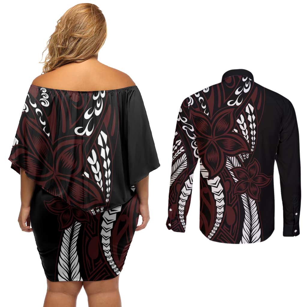 Polynesian Plumeria Floral Tattoo Pattern Couples Matching Off Shoulder Short Dress and Long Sleeve Button Shirt Oxblood Style LT9 - Polynesian Pride