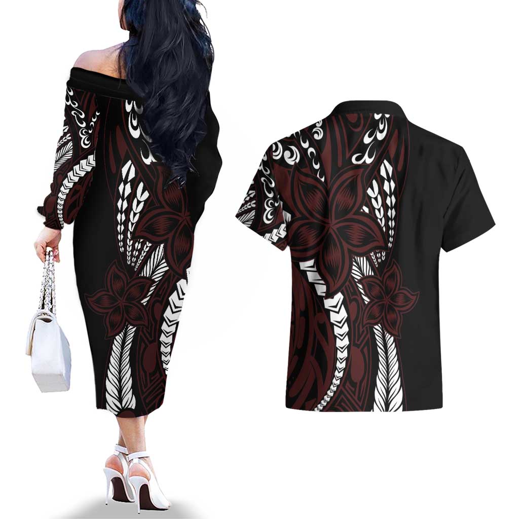 Polynesian Plumeria Floral Tattoo Pattern Couples Matching Off The Shoulder Long Sleeve Dress and Hawaiian Shirt Oxblood Style