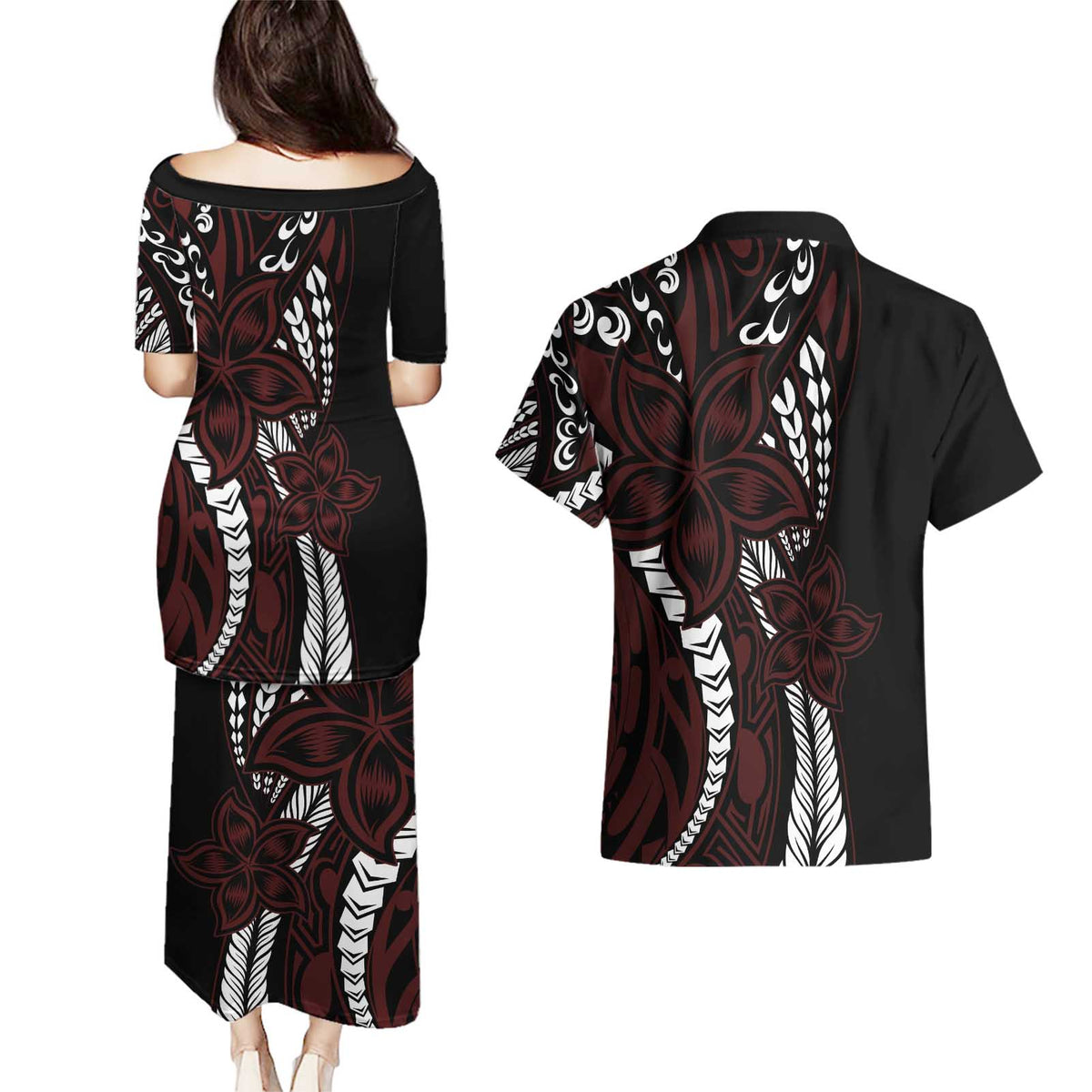 Polynesian Plumeria Floral Tattoo Pattern Couples Matching Puletasi and Hawaiian Shirt Oxblood Style LT9 - Polynesian Pride