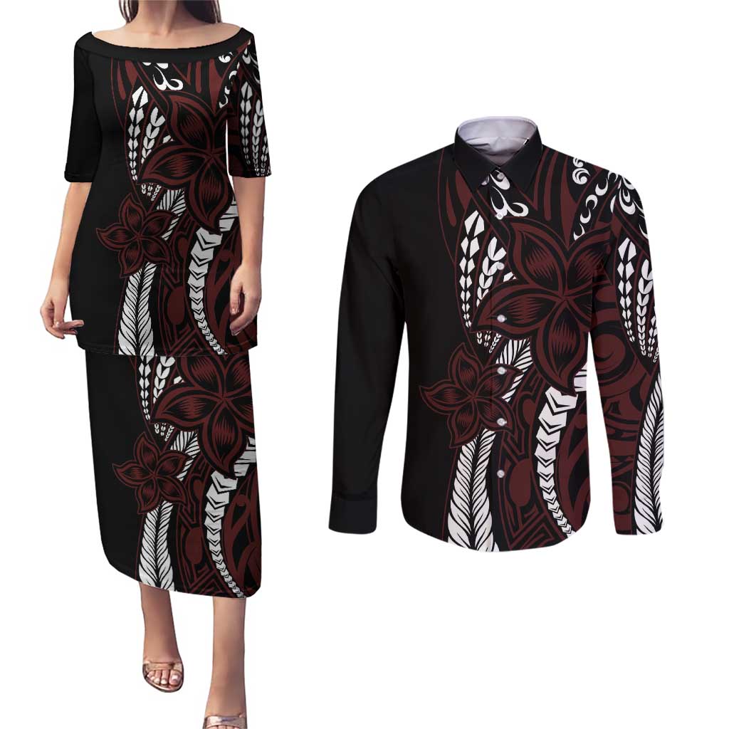 Polynesian Plumeria Floral Tattoo Pattern Couples Matching Puletasi and Long Sleeve Button Shirt Oxblood Style LT9 Oxblood - Polynesian Pride