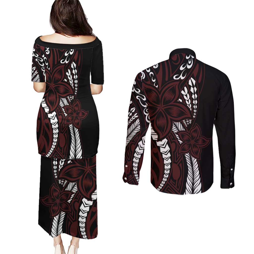 Polynesian Plumeria Floral Tattoo Pattern Couples Matching Puletasi and Long Sleeve Button Shirt Oxblood Style LT9 - Polynesian Pride