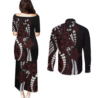 Polynesian Plumeria Floral Tattoo Pattern Couples Matching Puletasi and Long Sleeve Button Shirt Oxblood Style LT9 - Polynesian Pride