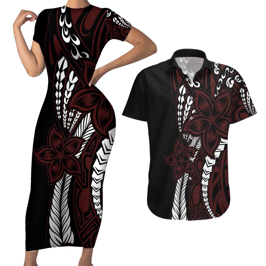 Polynesian Plumeria Floral Tattoo Pattern Couples Matching Short Sleeve Bodycon Dress and Hawaiian Shirt Oxblood Style