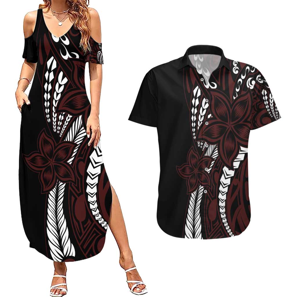 Polynesian Plumeria Floral Tattoo Pattern Couples Matching Summer Maxi Dress and Hawaiian Shirt Oxblood Style LT9 Oxblood - Polynesian Pride