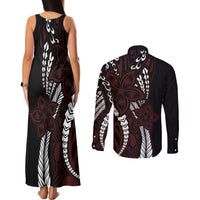 Polynesian Plumeria Floral Tattoo Pattern Couples Matching Tank Maxi Dress and Long Sleeve Button Shirt Oxblood Style LT9 - Polynesian Pride
