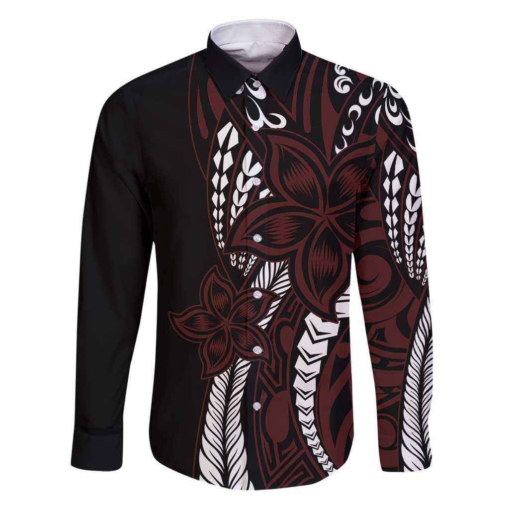 Polynesian Plumeria Floral Tattoo Pattern Family Matching Long Sleeve Bodycon Dress and Hawaiian Shirt Oxblood Style LT9 Dad's Shirt - Long Sleeve Oxblood - Polynesian Pride