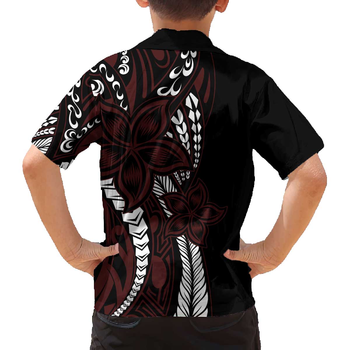 Polynesian Plumeria Floral Tattoo Pattern Family Matching Off The Shoulder Long Sleeve Dress and Hawaiian Shirt Oxblood Style LT9 - Polynesian Pride