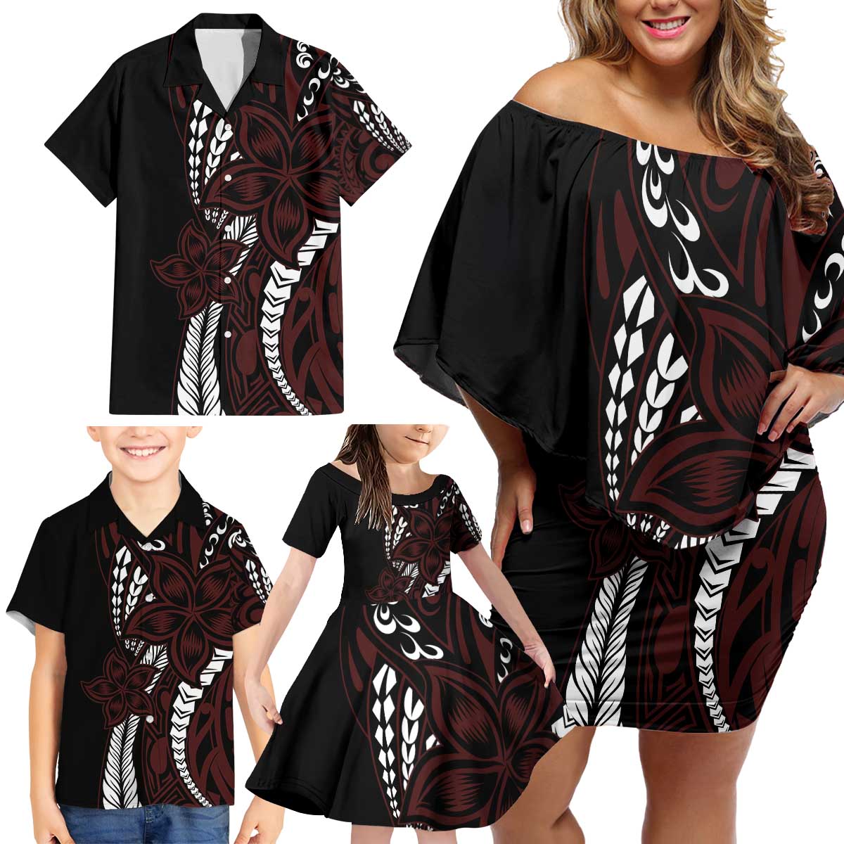Polynesian Plumeria Floral Tattoo Pattern Family Matching Off Shoulder Short Dress and Hawaiian Shirt Oxblood Style LT9 - Polynesian Pride