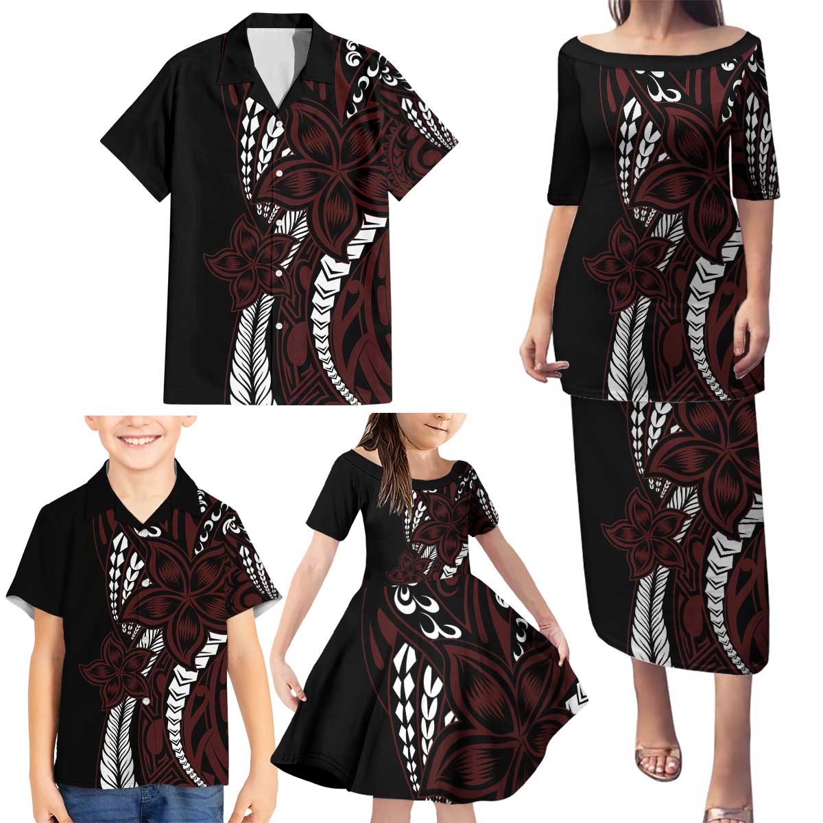 Polynesian Plumeria Floral Tattoo Pattern Family Matching Puletasi and Hawaiian Shirt Oxblood Style