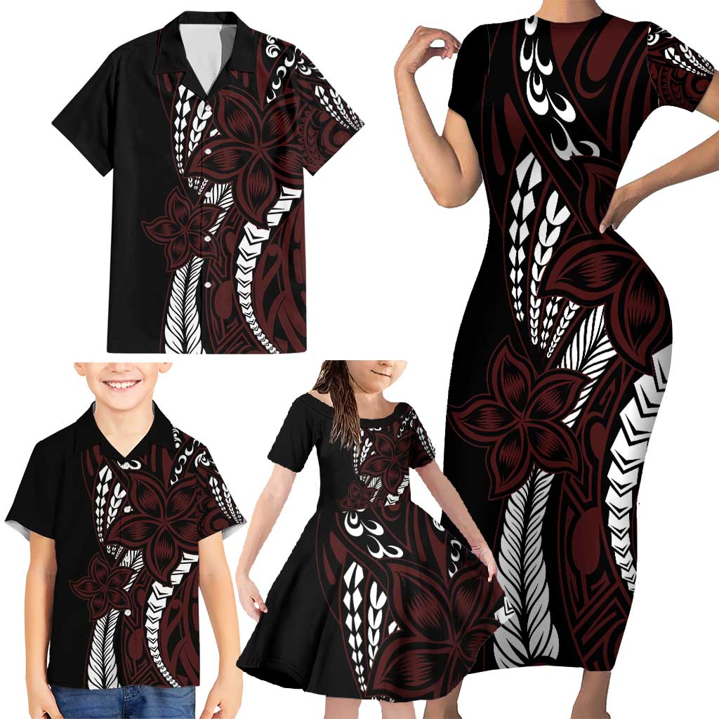 Polynesian Plumeria Floral Tattoo Pattern Family Matching Short Sleeve Bodycon Dress and Hawaiian Shirt Oxblood Style