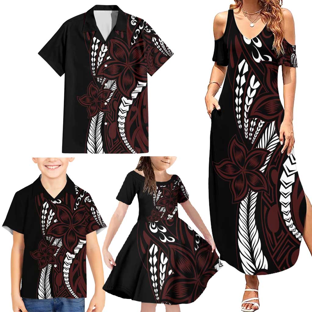 Polynesian Plumeria Floral Tattoo Pattern Family Matching Summer Maxi Dress and Hawaiian Shirt Oxblood Style