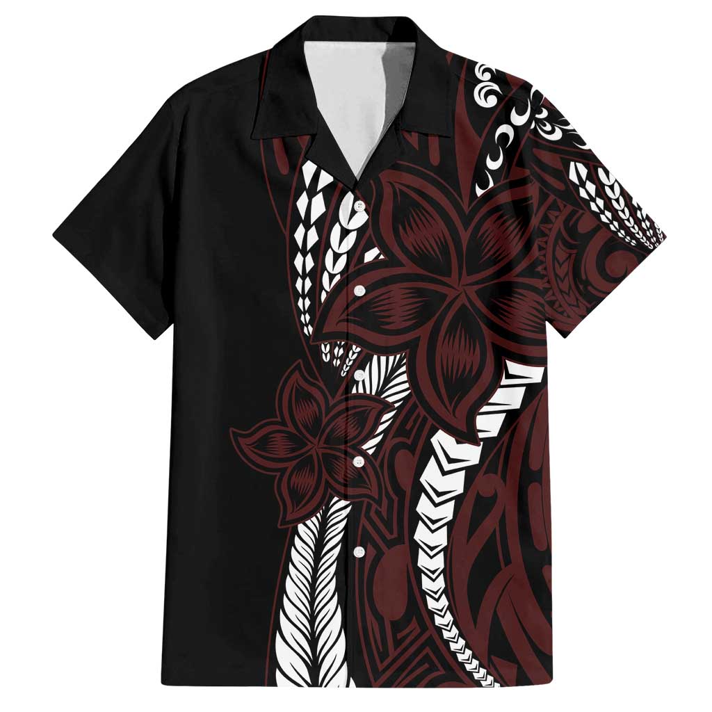 Polynesian Plumeria Floral Tattoo Pattern Family Matching Tank Maxi Dress and Hawaiian Shirt Oxblood Style