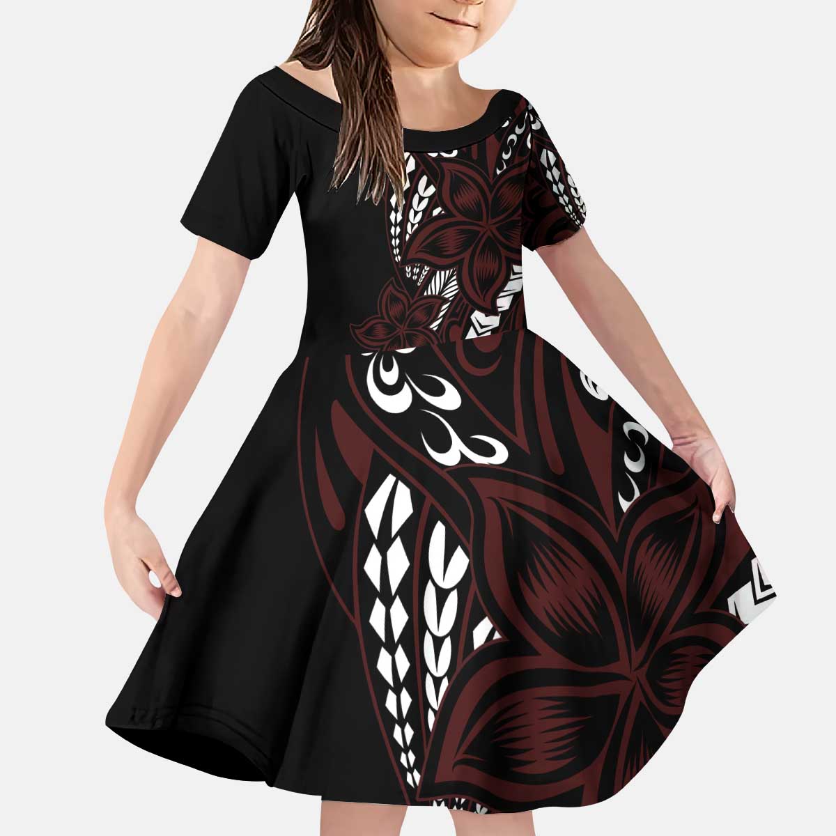 Polynesian Plumeria Floral Tattoo Pattern Kid Short Sleeve Dress Oxblood Style