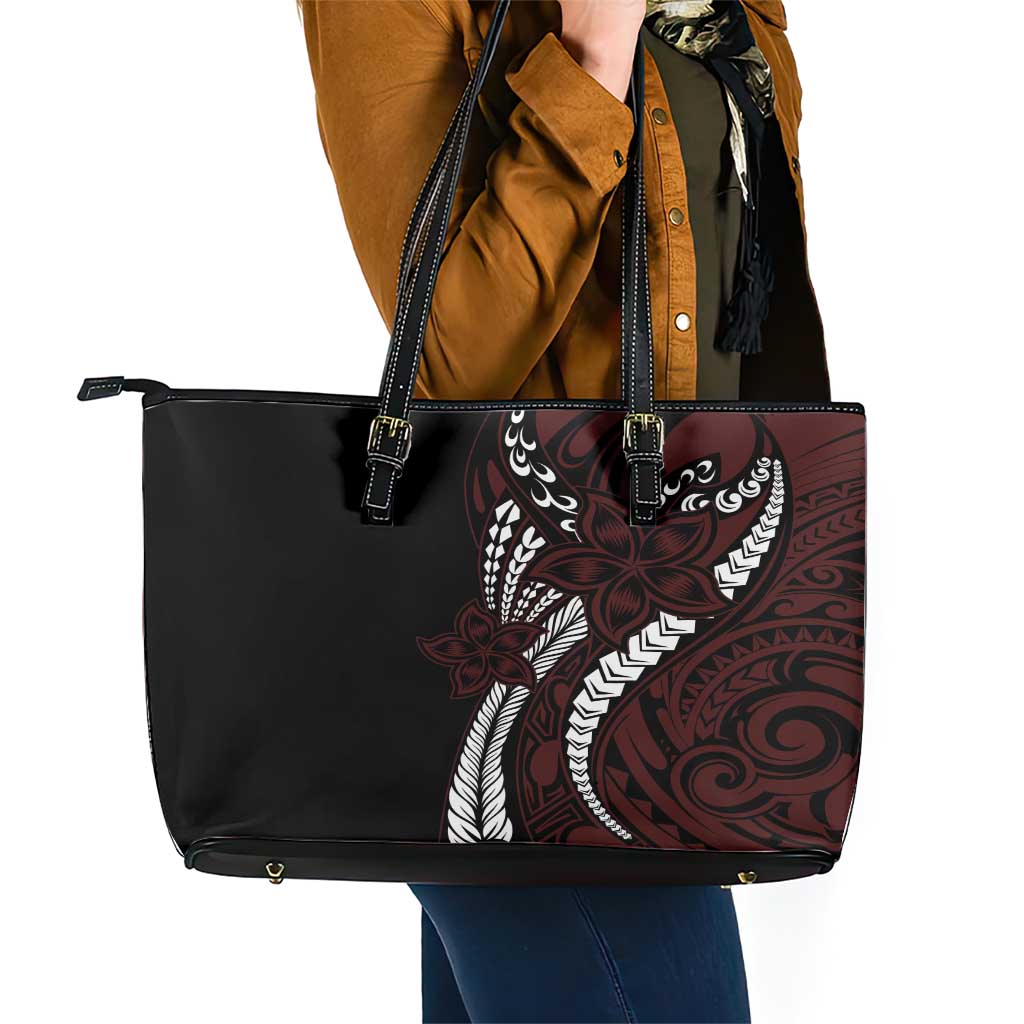Polynesian Plumeria Floral Tattoo Pattern Leather Tote Bag Oxblood Style LT9 - Polynesian Pride