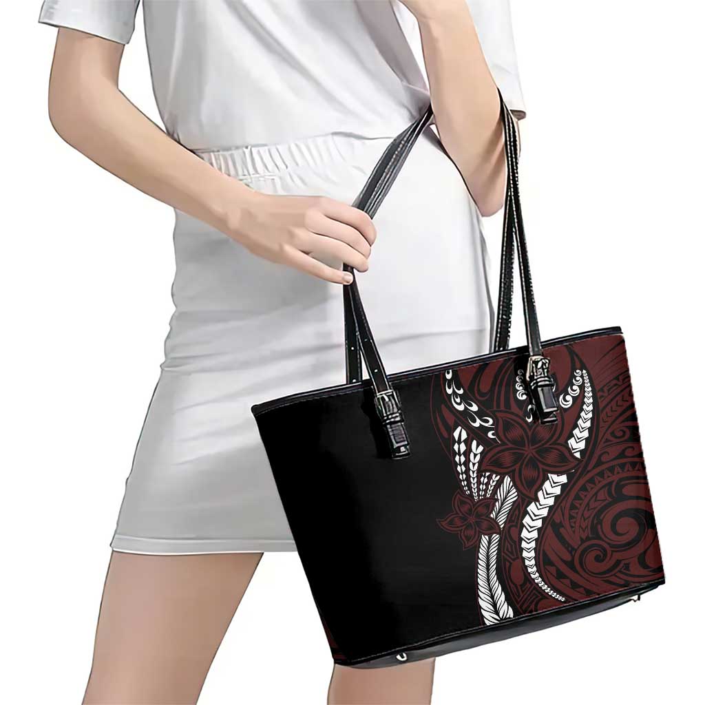 Polynesian Plumeria Floral Tattoo Pattern Leather Tote Bag Oxblood Style LT9 - Polynesian Pride