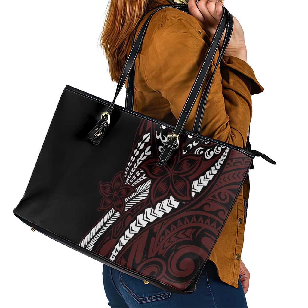 Polynesian Plumeria Floral Tattoo Pattern Leather Tote Bag Oxblood Style LT9 - Polynesian Pride