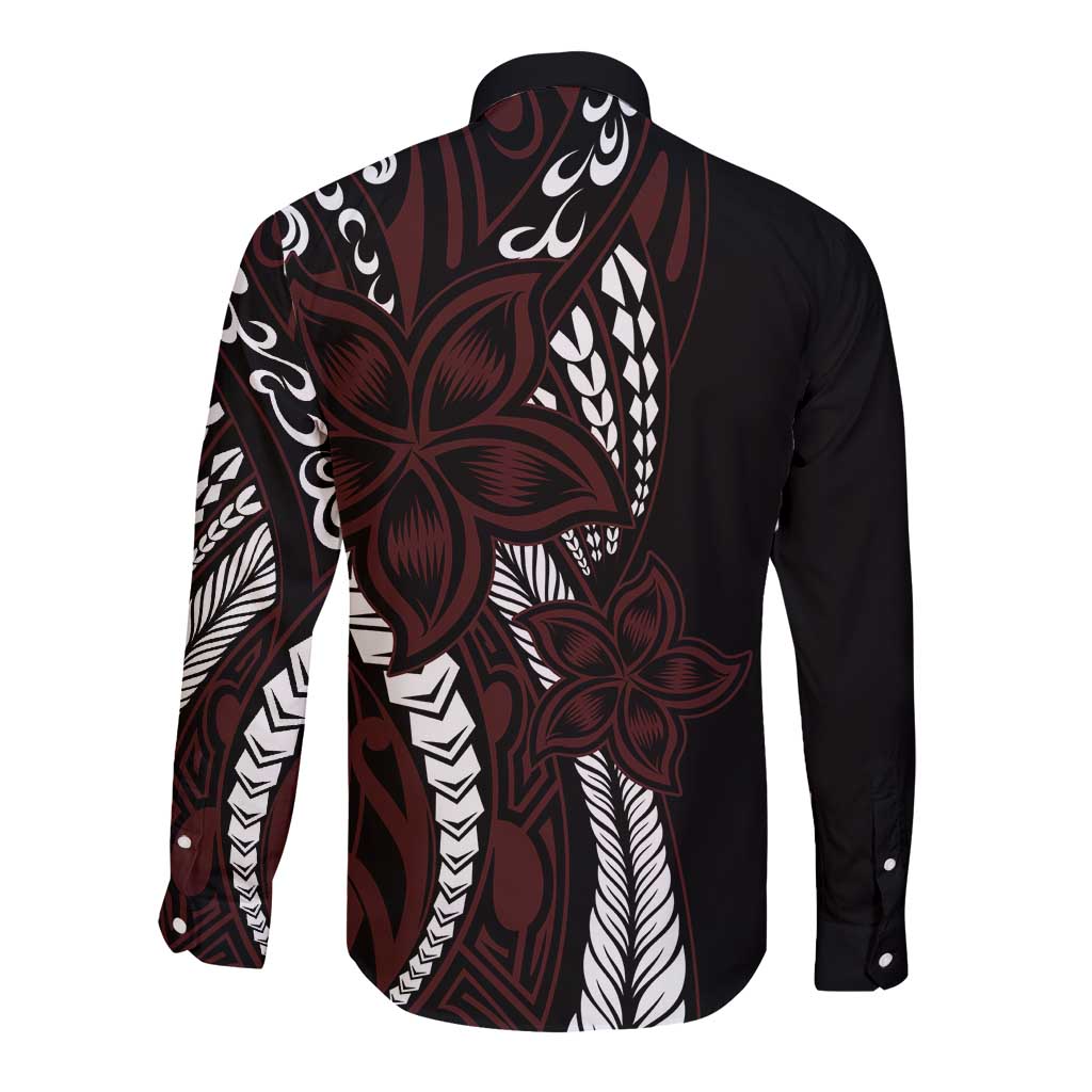 Polynesian Plumeria Floral Tattoo Pattern Long Sleeve Button Shirt Oxblood Style