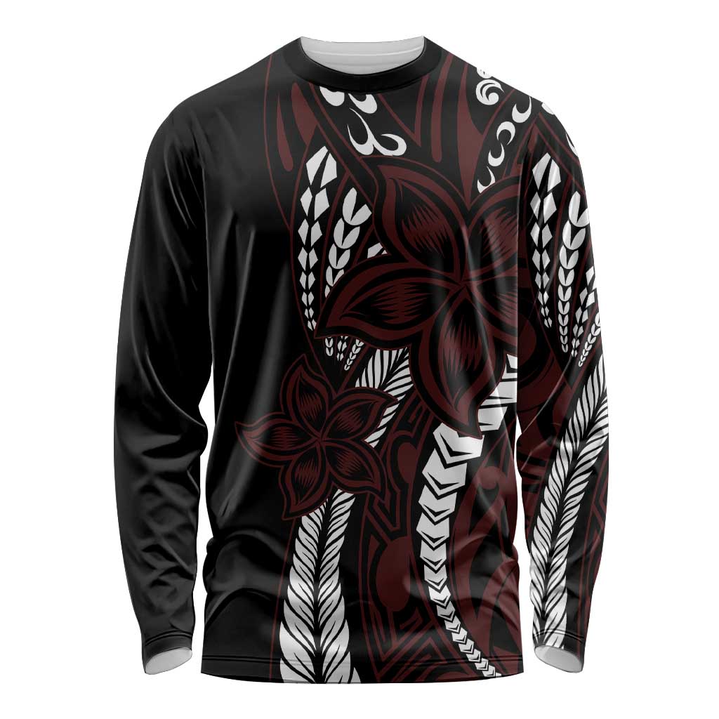 Polynesian Plumeria Floral Tattoo Pattern Long Sleeve Shirt Oxblood Style