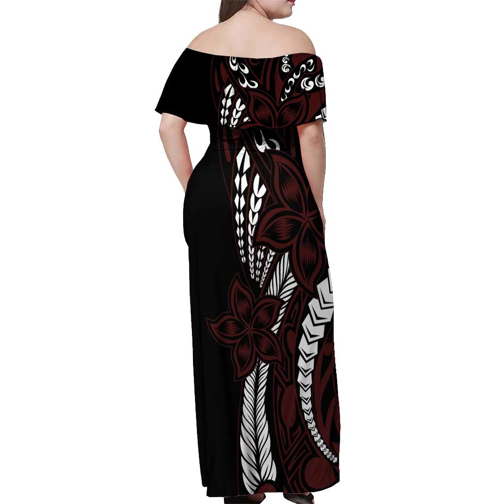 Polynesian Plumeria Floral Tattoo Pattern Off Shoulder Maxi Dress Oxblood Style LT9 - Polynesian Pride