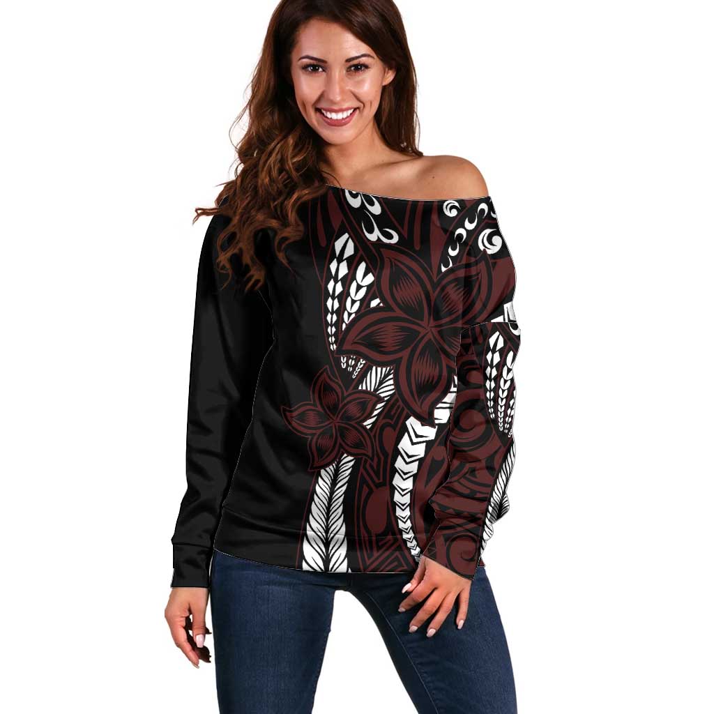 Polynesian Plumeria Floral Tattoo Pattern Off Shoulder Sweater Oxblood Style