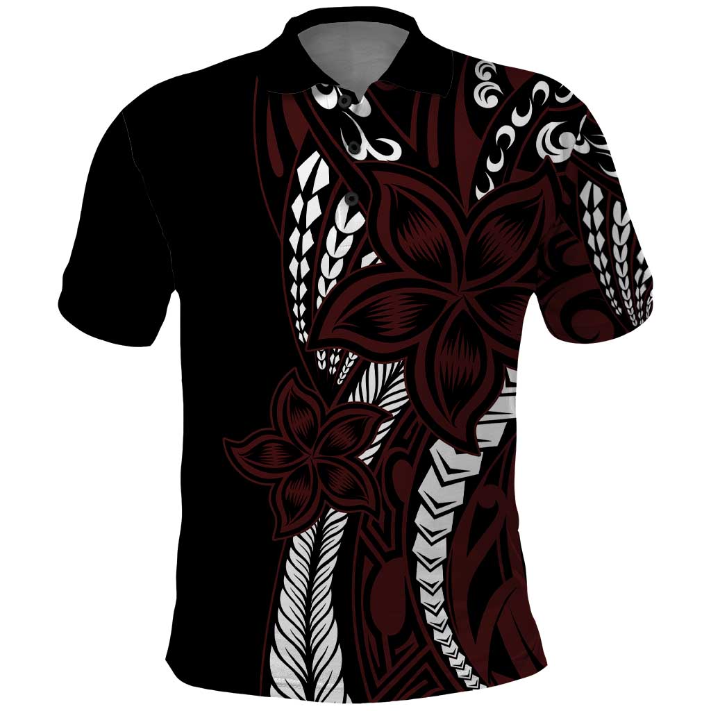 Polynesian Plumeria Floral Tattoo Pattern Polo Shirt Oxblood Style