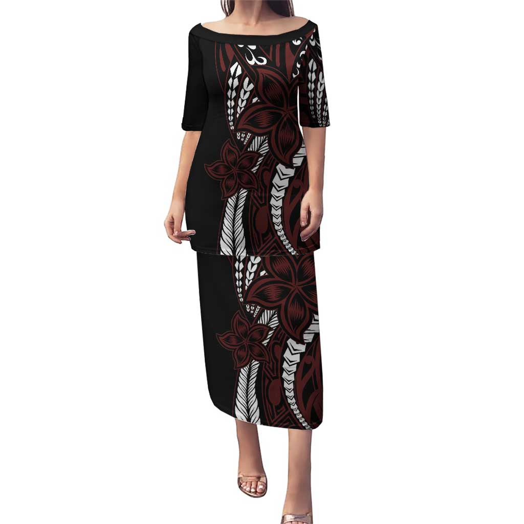 Polynesian Plumeria Floral Tattoo Pattern Puletasi Oxblood Style LT9 Long Dress Oxblood - Polynesian Pride