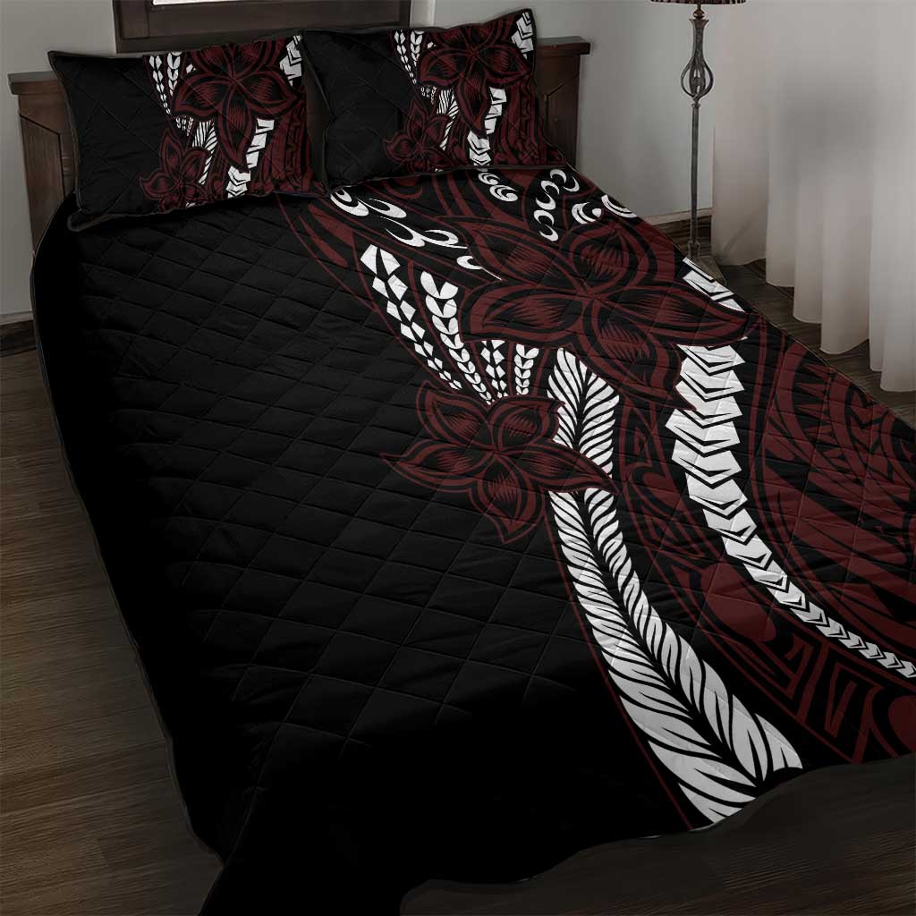 Polynesian Plumeria Floral Tattoo Pattern Quilt Bed Set Oxblood Style