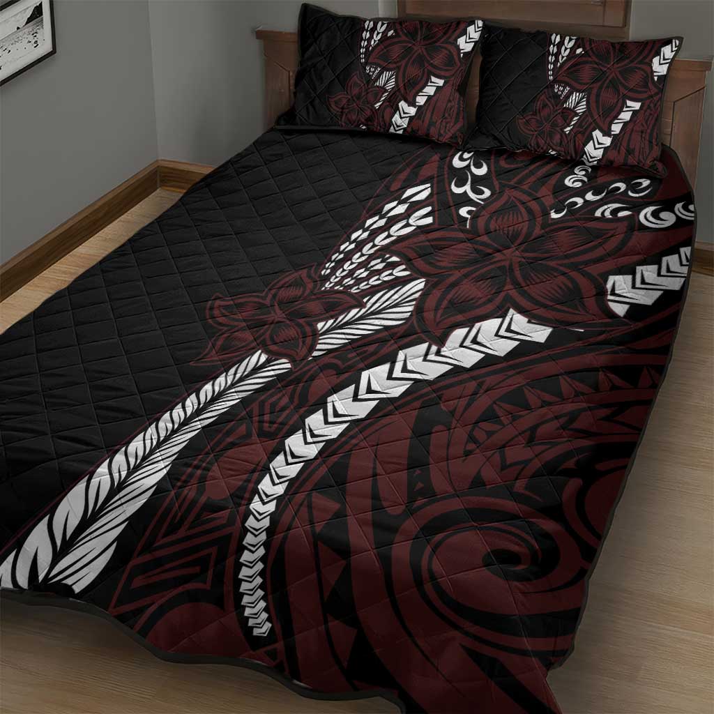 Polynesian Plumeria Floral Tattoo Pattern Quilt Bed Set Oxblood Style LT9 - Polynesian Pride