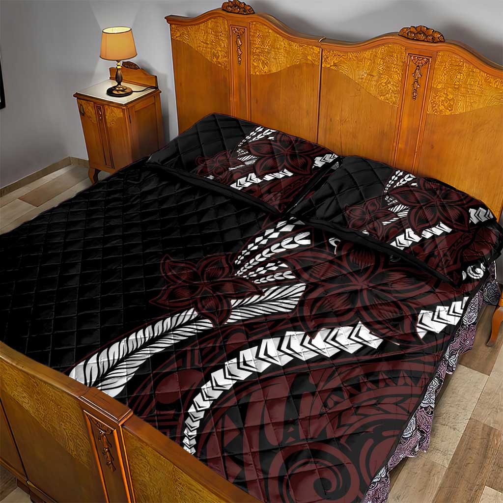Polynesian Plumeria Floral Tattoo Pattern Quilt Bed Set Oxblood Style LT9 - Polynesian Pride