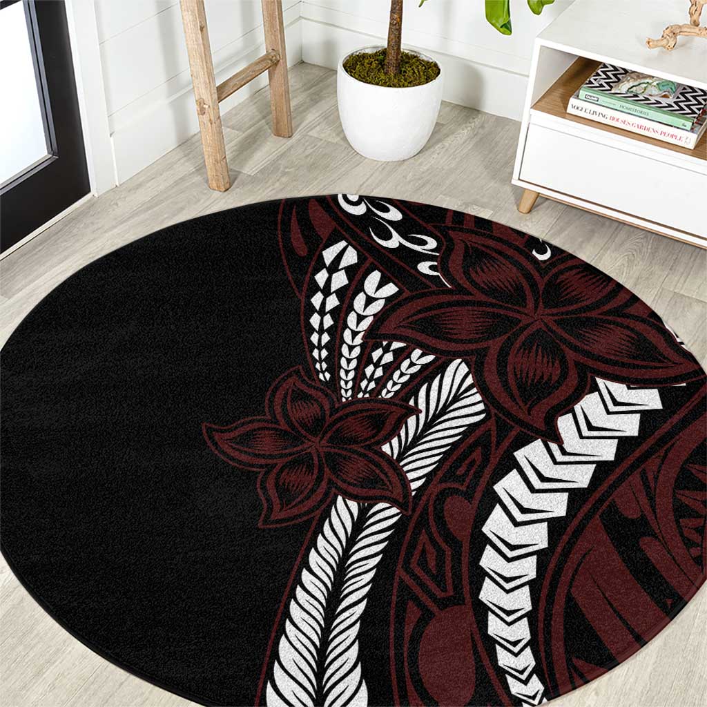 Polynesian Plumeria Floral Tattoo Pattern Round Carpet Oxblood Style